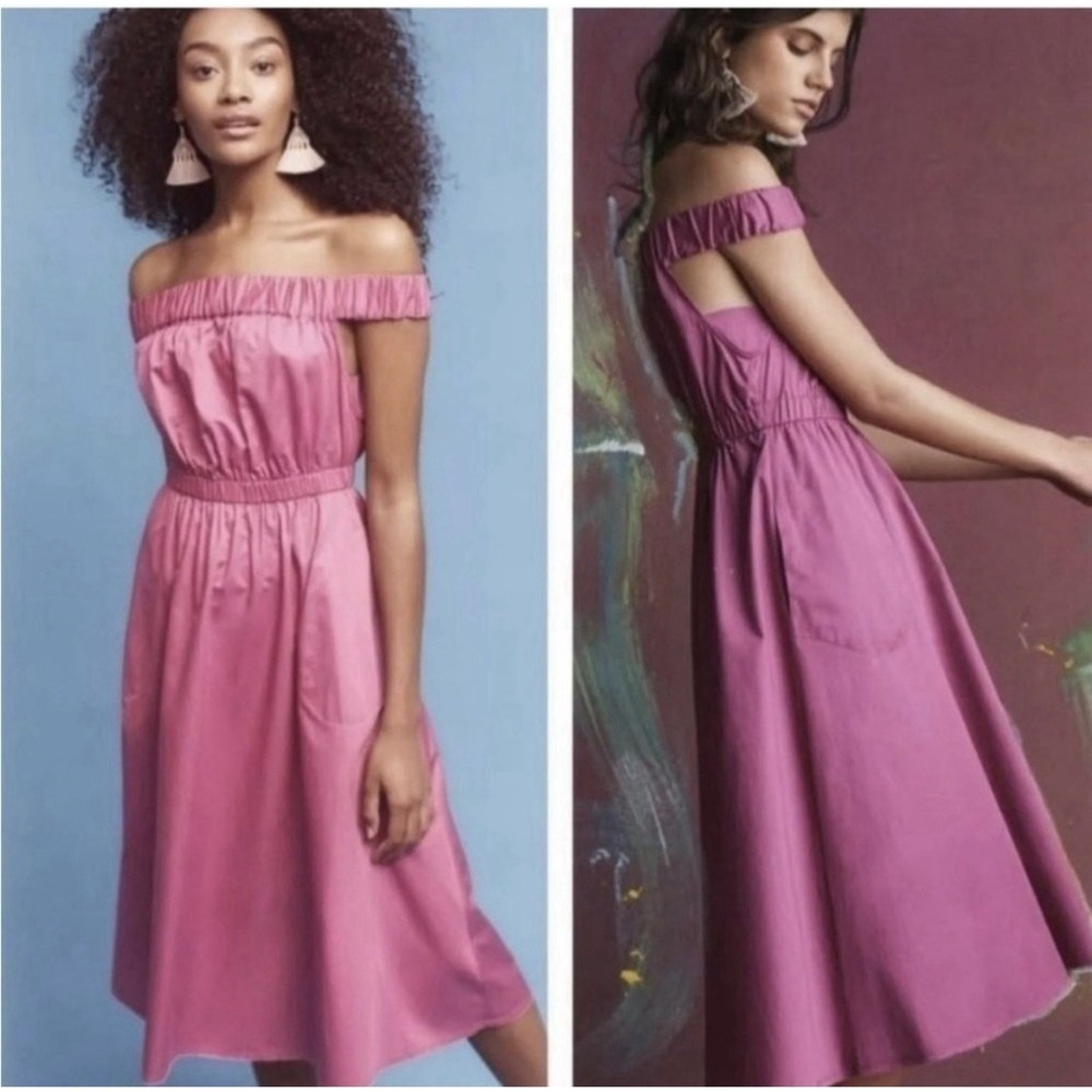 Maeve Anthropologie Mona Fuchsia Fit & Flare Off-The-Shoulder Dress Sz‎ Small
